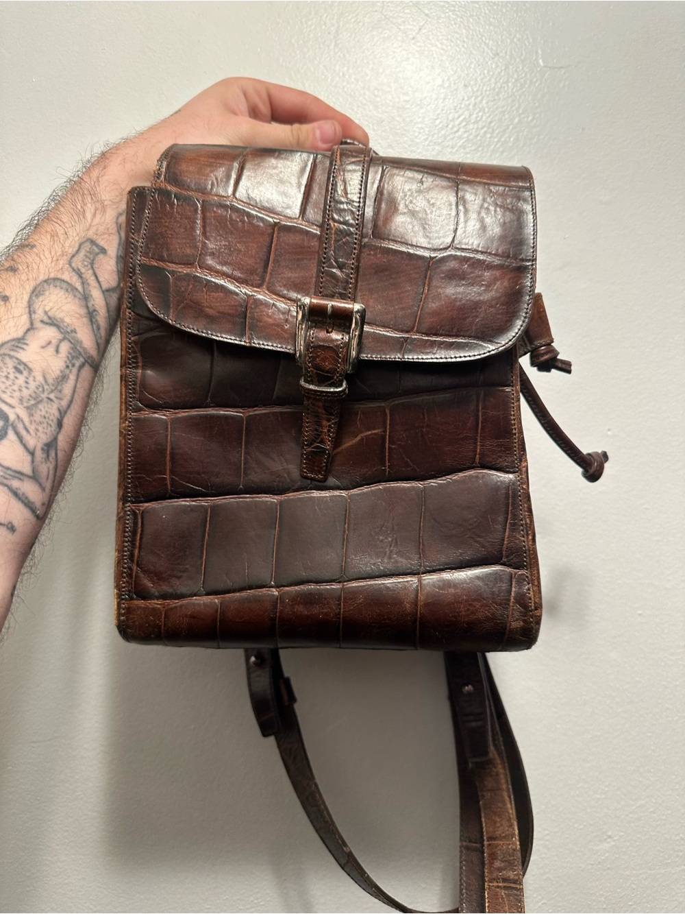Vintage Joan & David Brown Croc Embossed Leather Backpack Bag